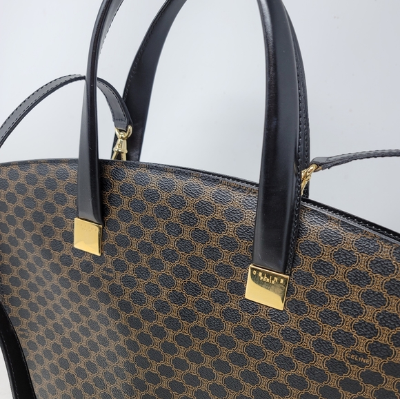 Vintage Celine Triomphe Canvas Black Leather Medium Shoulder Tote Hand Bag Auth - Picture 16 of 16
